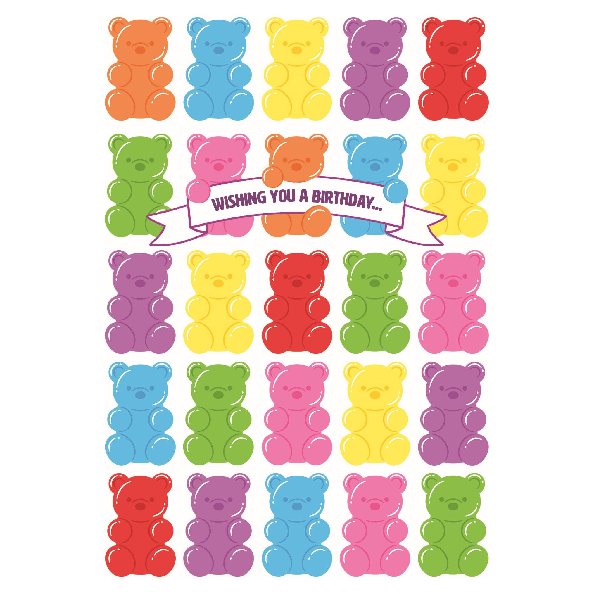 Colorful gummy bear birthday card from Pictura featuring cheerful bear illustrations, perfect for celebrating special occasions.